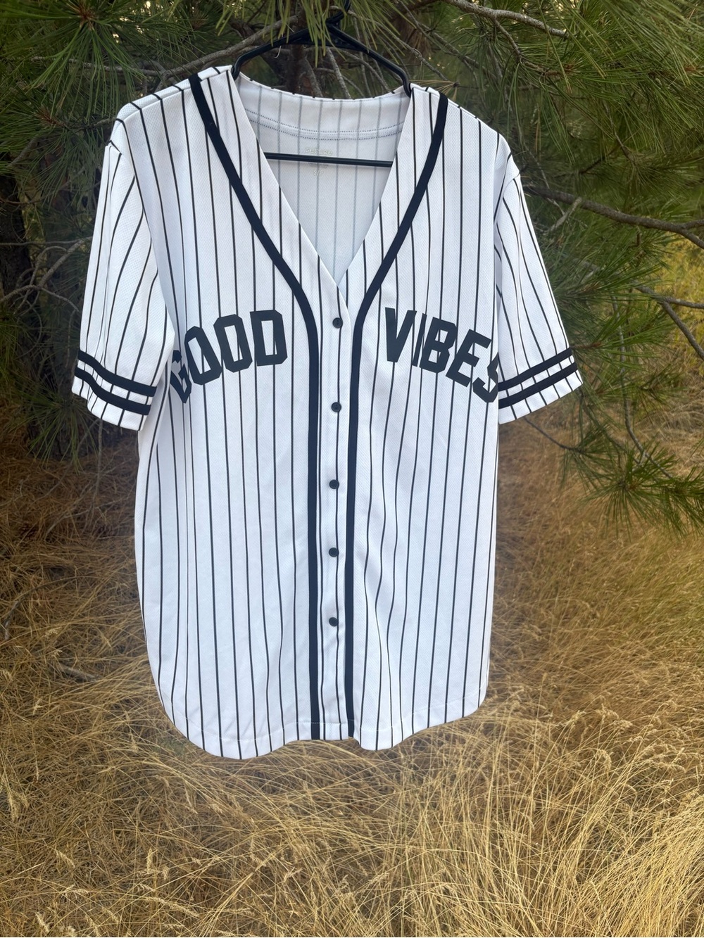 Good Vibes Striped Baseball Jersey - Black & White Size Small